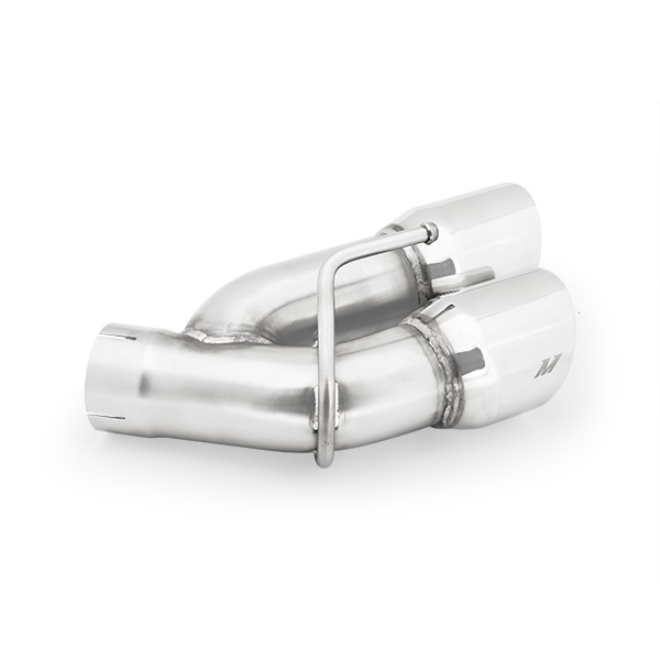 Close-up of Mishimoto polished double-wall quad exhaust tips with angle cut