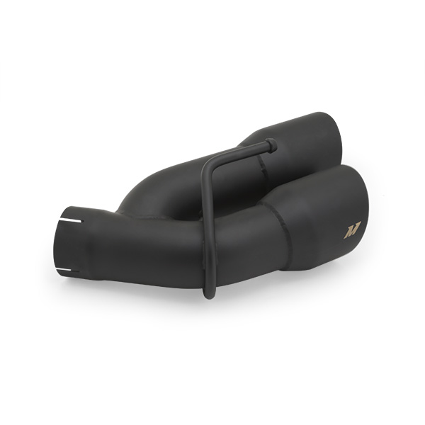 Quad 4.5-inch double-wall matte black exhaust tips with angle cut on Mishimoto exhaust