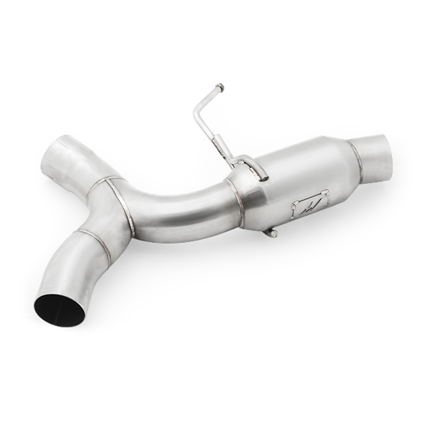Mishimoto cat-back exhaust mufflers and piping installed under a Chevrolet Camaro