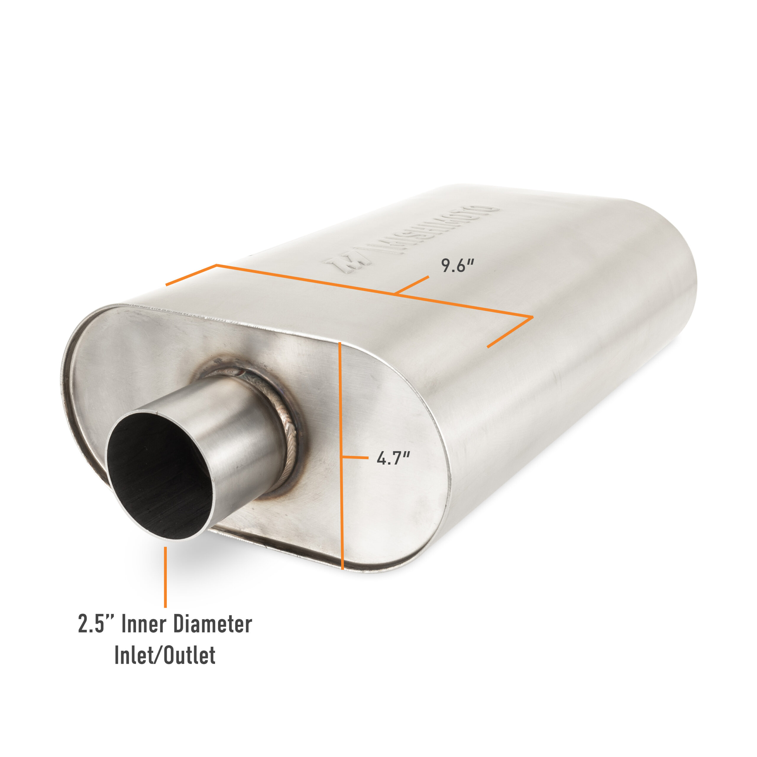Satin brushed 304 stainless steel Mishimoto muffler body showing oval shape and TIG welds