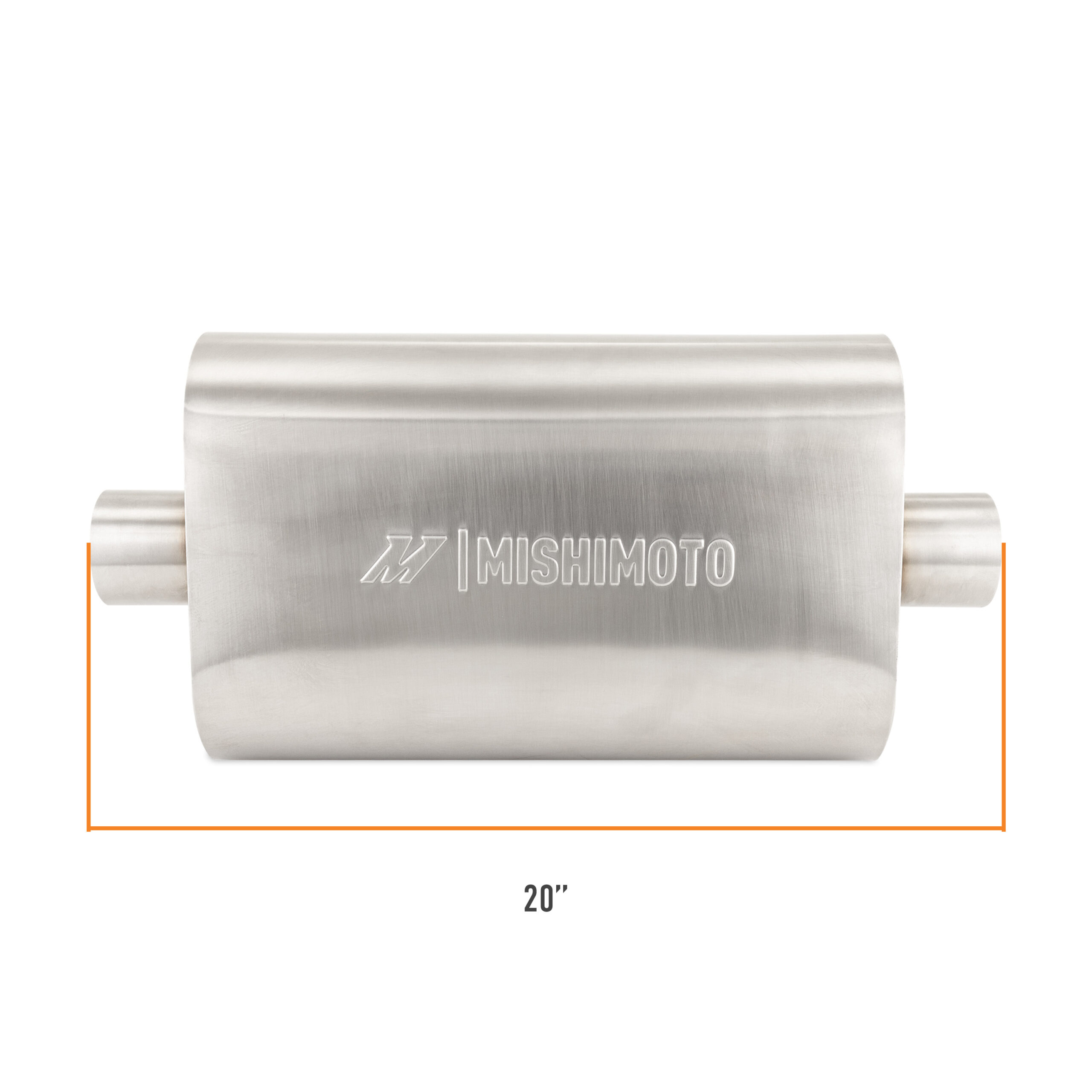 Side view of Mishimoto universal muffler highlighting 2.5-inch center inlet/outlet ports