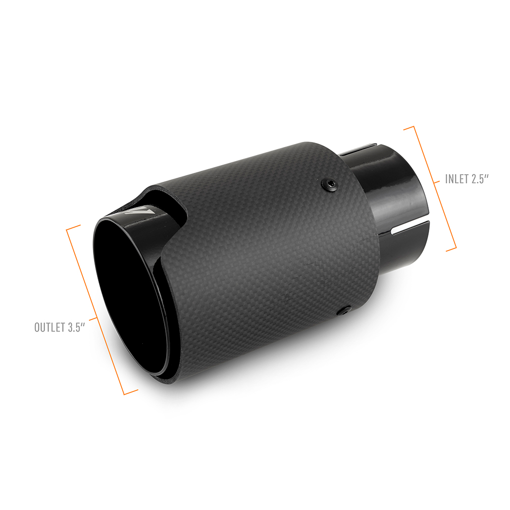 Close-up of Mishimoto carbon fiber exhaust tip shroud showing satin black chrome finish