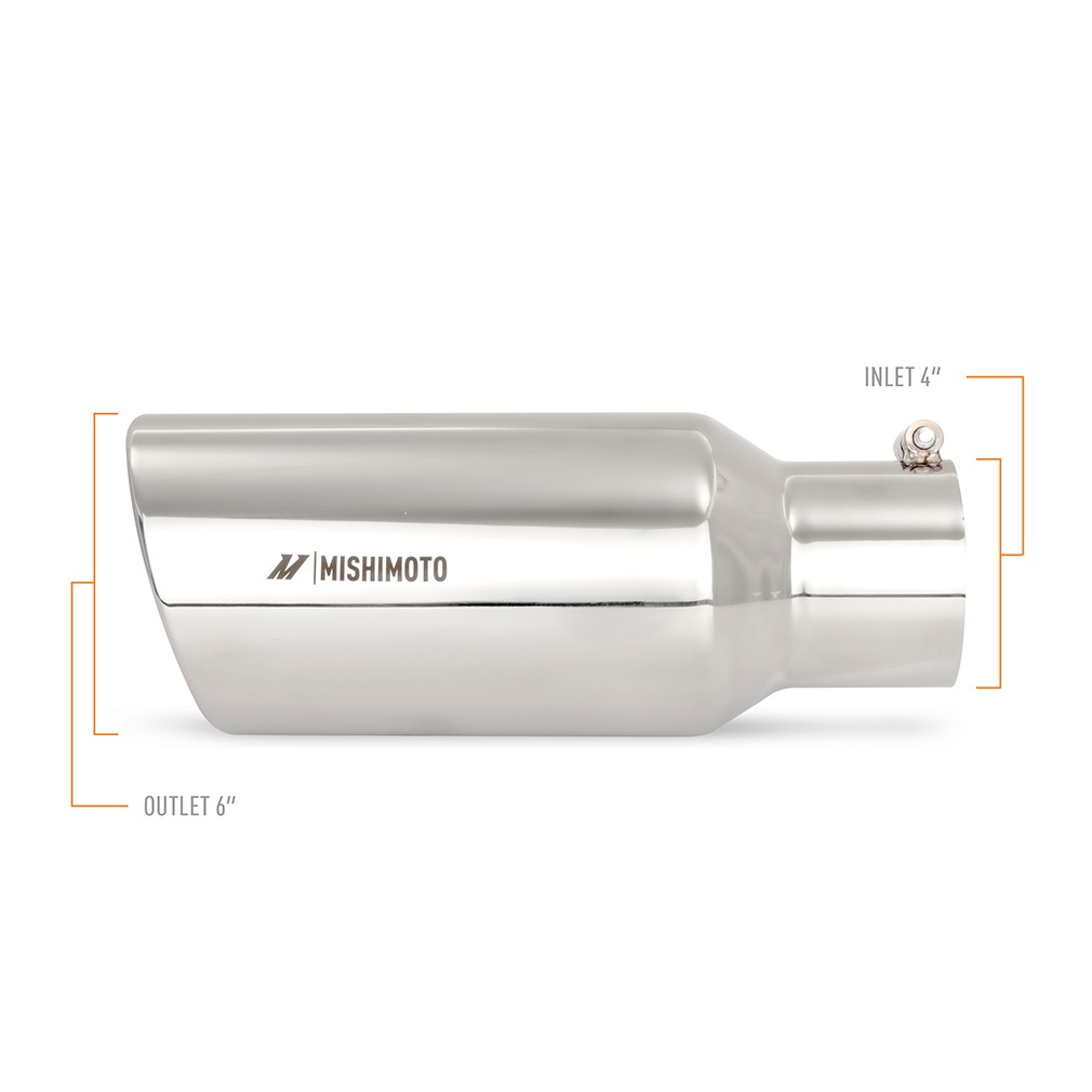 Close-up of Mishimoto exhaust tip integrated clamp for secure slip-on installation
