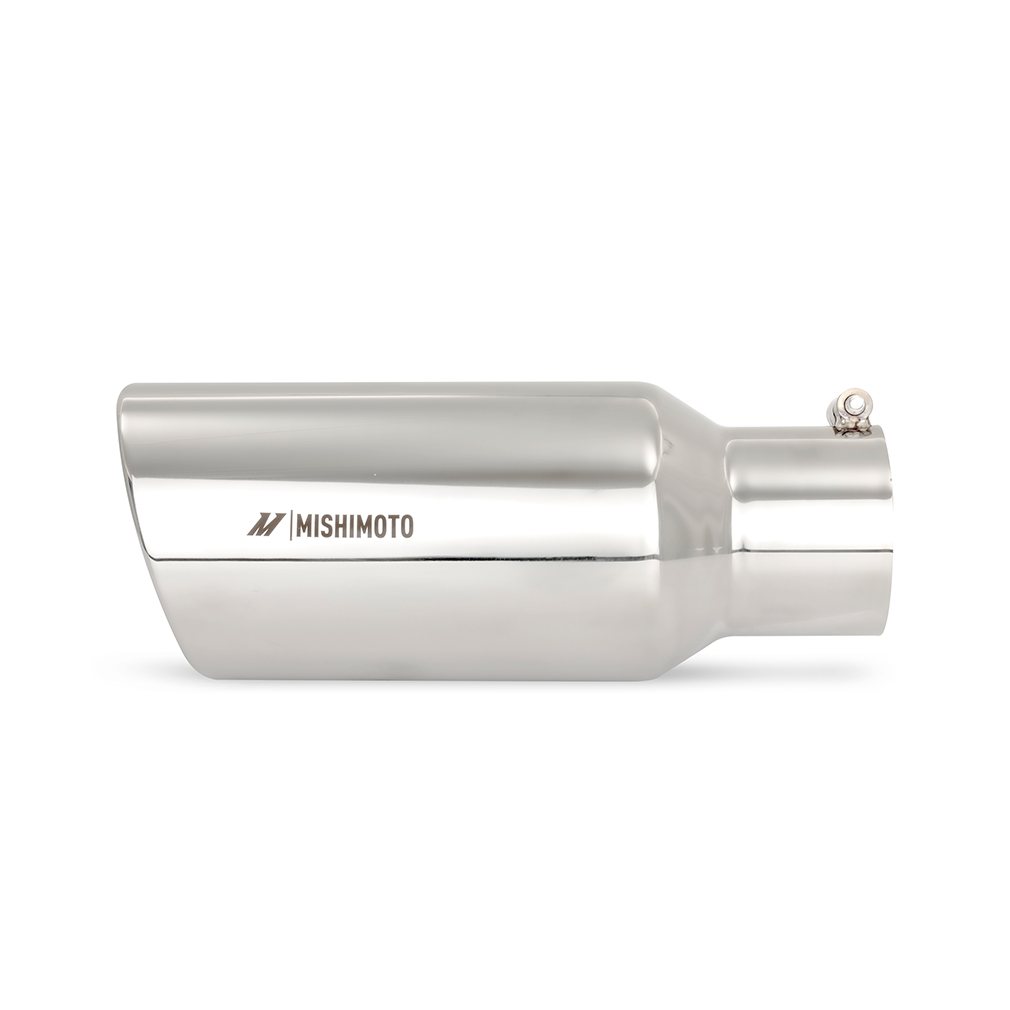 Mishimoto diesel exhaust tip integrated clamp shown for slip-fit installation over piping