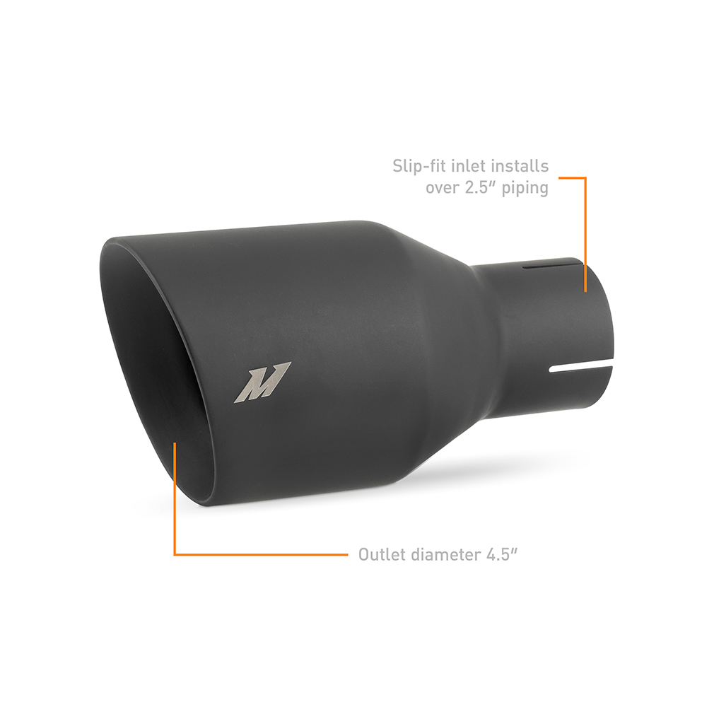 Mishimoto double-wall exhaust tip showing 2.5-inch inlet and 4.5-inch slashed outlet