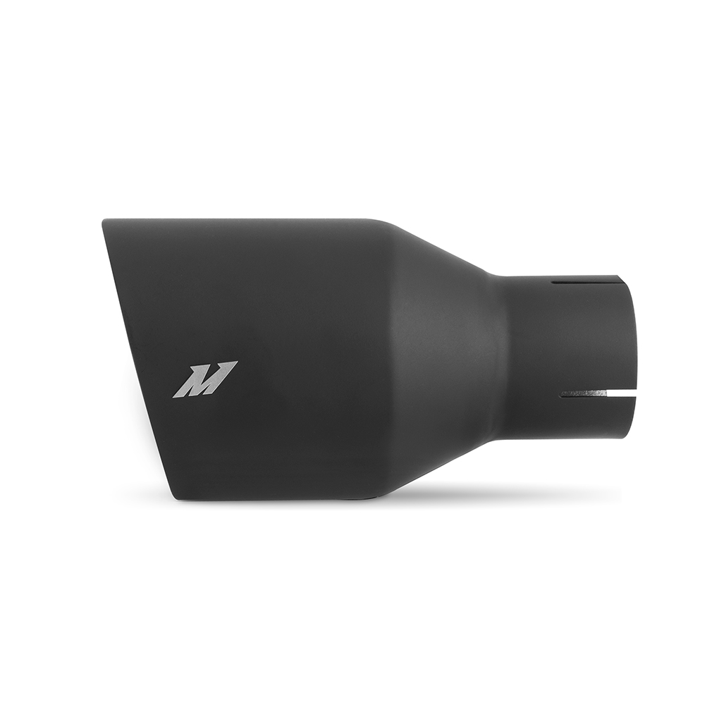 Mishimoto exhaust tip installed with included clamp on 2.5-inch exhaust piping