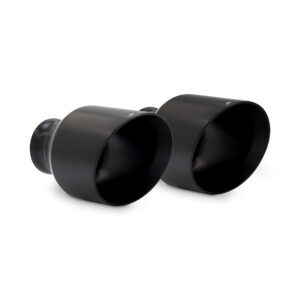 Mishimoto 5-inch black exhaust tip installed on a Dodge Charger rear bumper