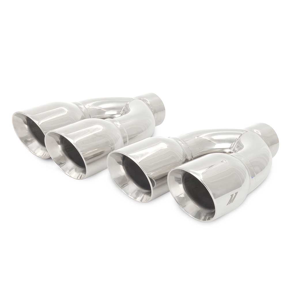 Mishimoto dual-Y polished 304 stainless steel exhaust tip with slash-cut 3.5-inch outlet