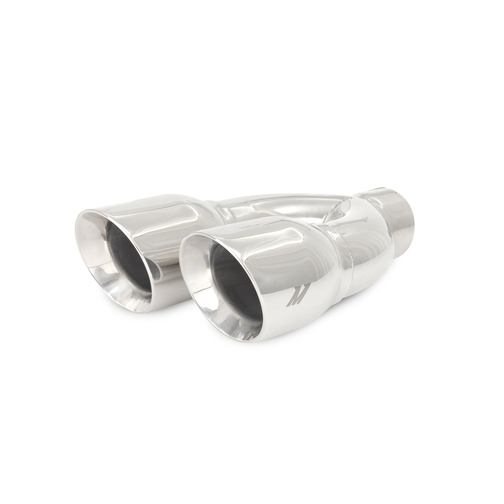 Close-up of Mishimoto exhaust tip's staggered slash-cut 3.5-inch outlet design
