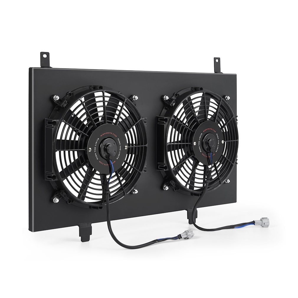 Mishimoto aluminum fan shroud with dual 12-inch slim electric fans installed on 350Z
