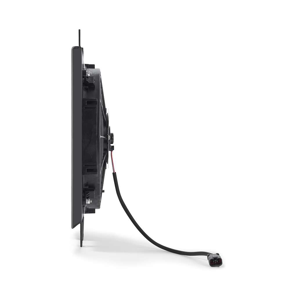 Black aluminum Mishimoto fan shroud kit with mounting hardware and factory-style plug
