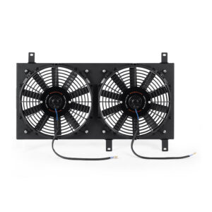 Mishimoto black powder-coated aluminum fan shroud kit for 1999-2005 Mazda Miata, part MMFS-MIA-99BK