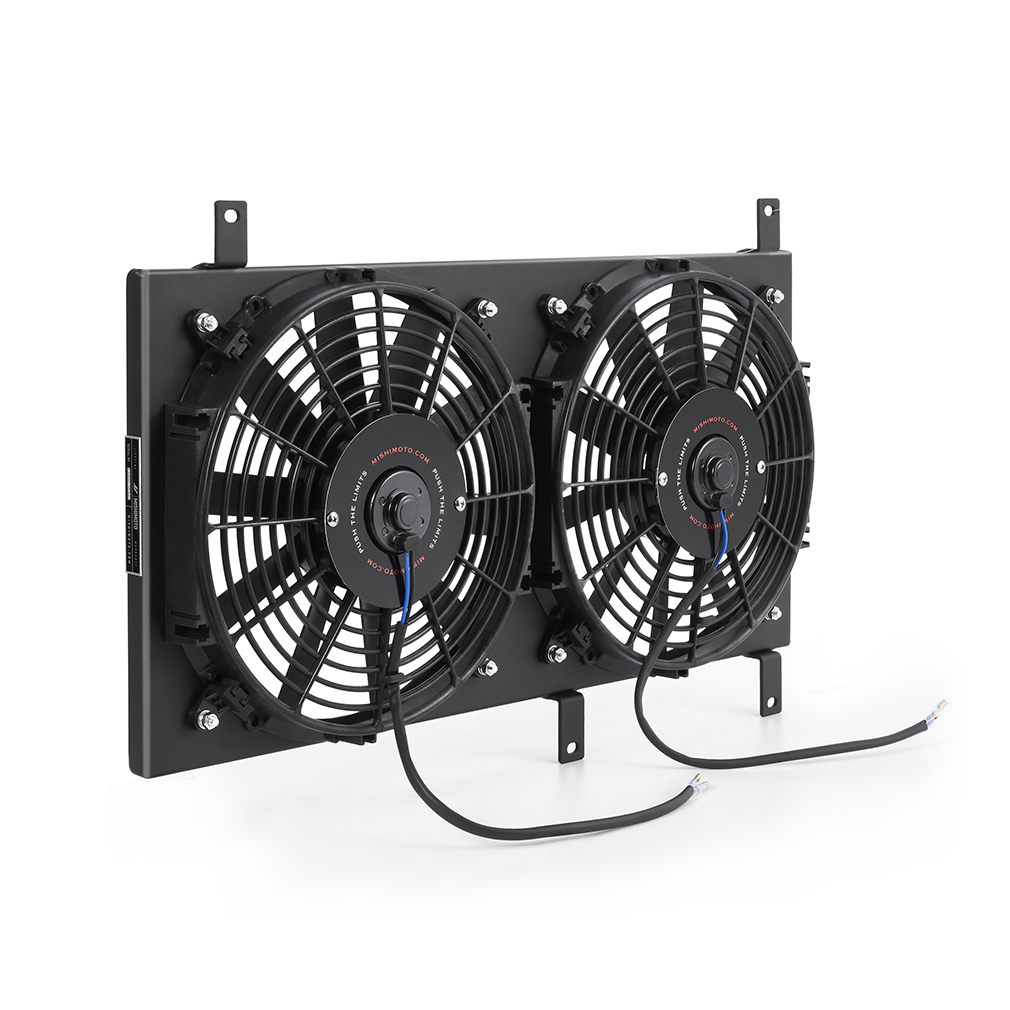 Two Mishimoto 12-inch slim electric fans included with Miata fan shroud kit, each rated over 1,100 CFM
