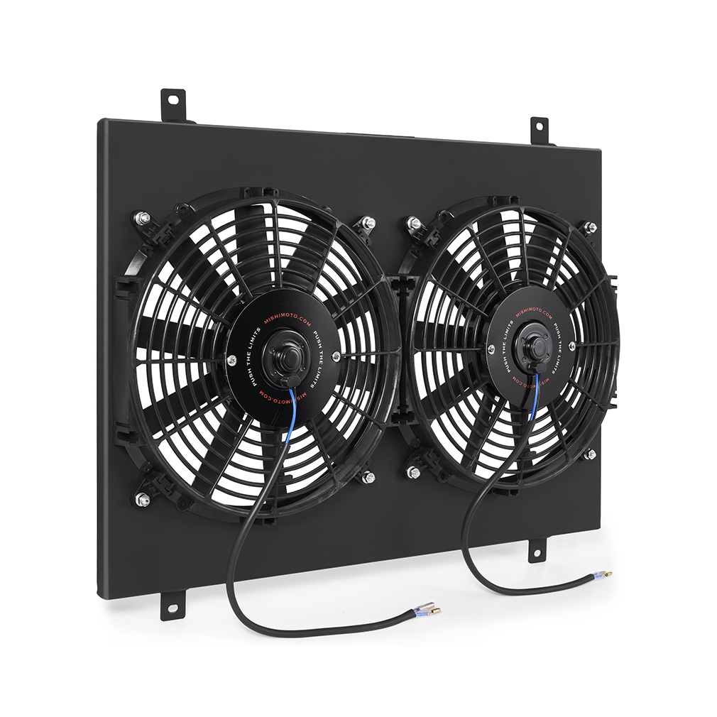 Mishimoto fan shroud kit with two 12-inch slim electric fans rated at 1,150 CFM each