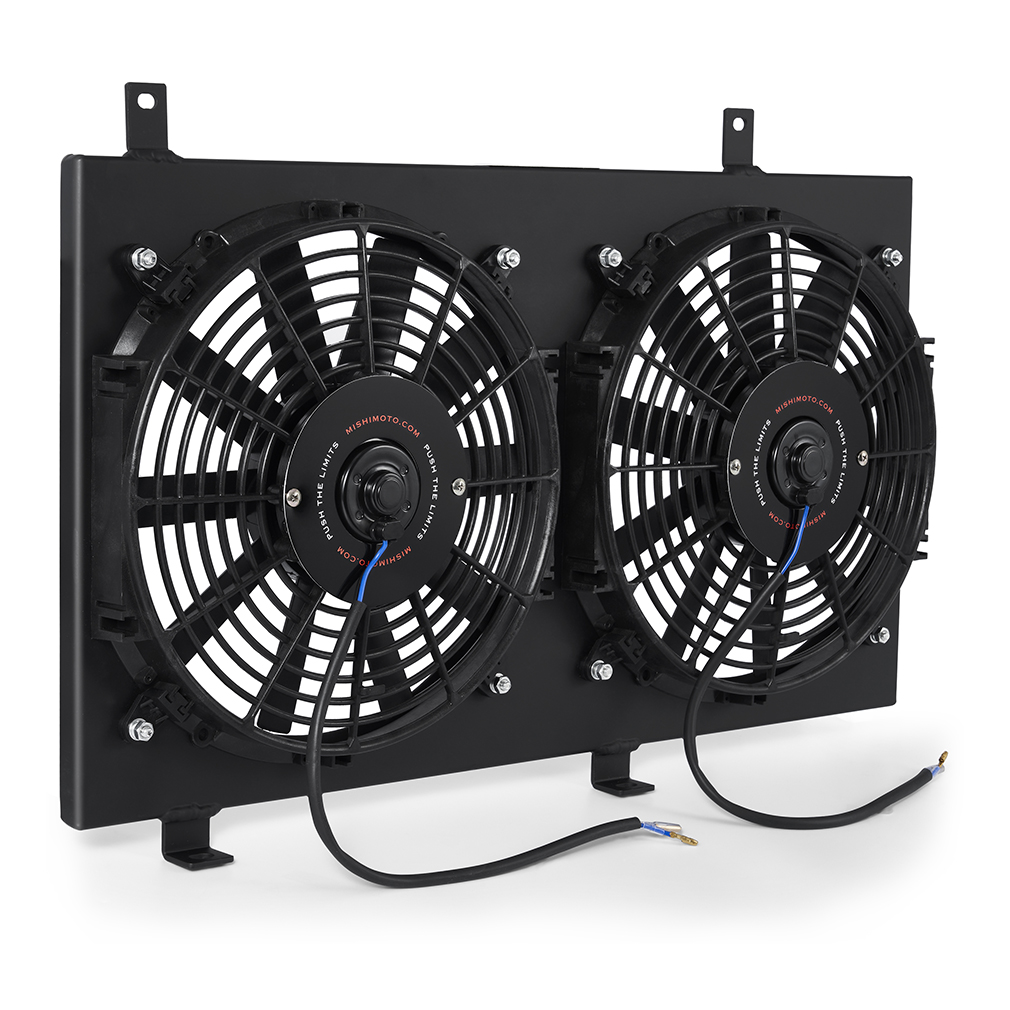 Two Mishimoto 12-inch slim electric fans mounted on RX-8 aluminum fan shroud