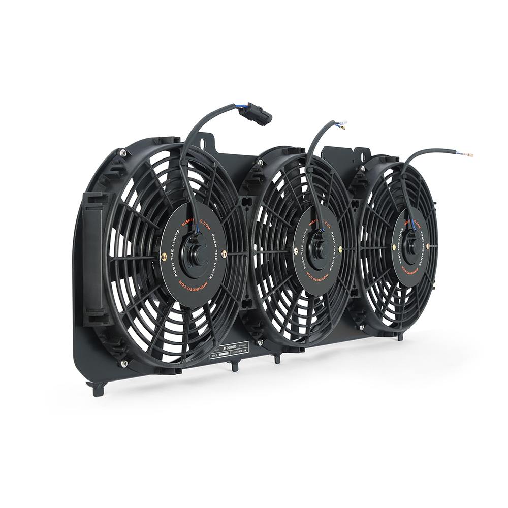 Three Mishimoto 10-inch 950 CFM electric slim fans mounted on black powder coated shroud