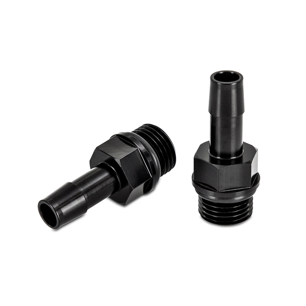 Close-up of Mishimoto 6061 aluminum M16x1.5 to 3/8-in hose barb fitting with Viton O-Ring
