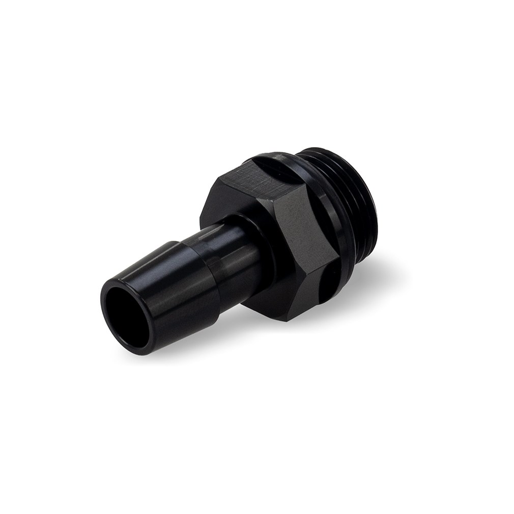 Two Mishimoto black hose barb fittings for Universal Baffled Parallel Port Catch Can