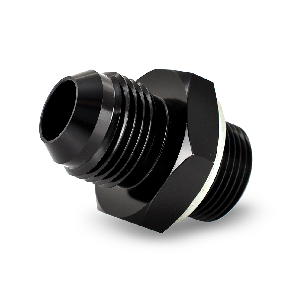 CNC-machined 6061 aluminum Mishimoto remote oil cooler fitting with Dowty seal