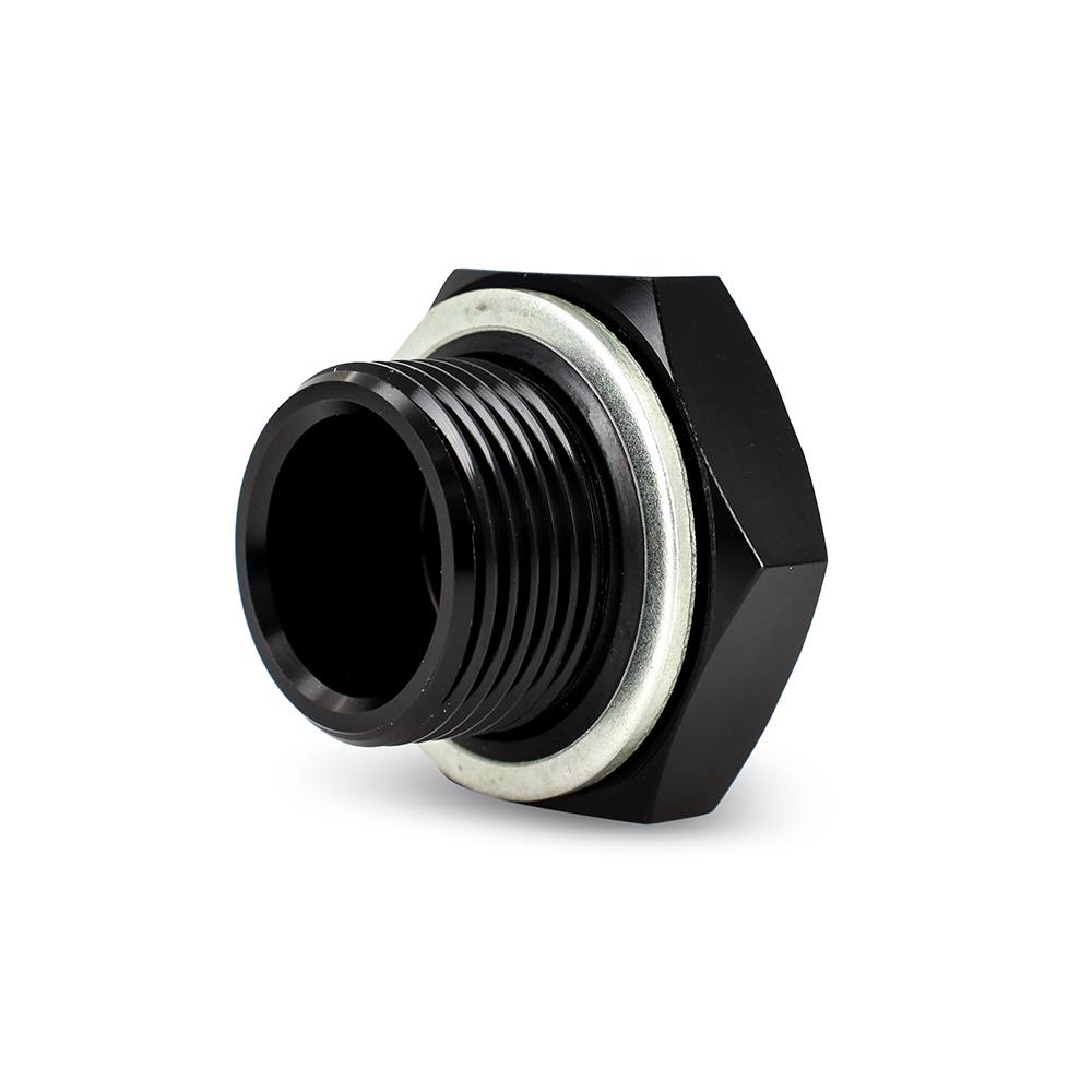CNC-machined 6061 aluminum straight fitting from Mishimoto with Dowty seal connection
