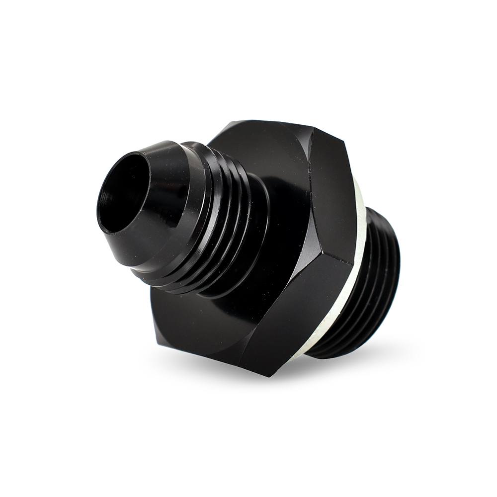 CNC-machined 6061 aluminum remote oil cooler fitting with Dowty seal by Mishimoto