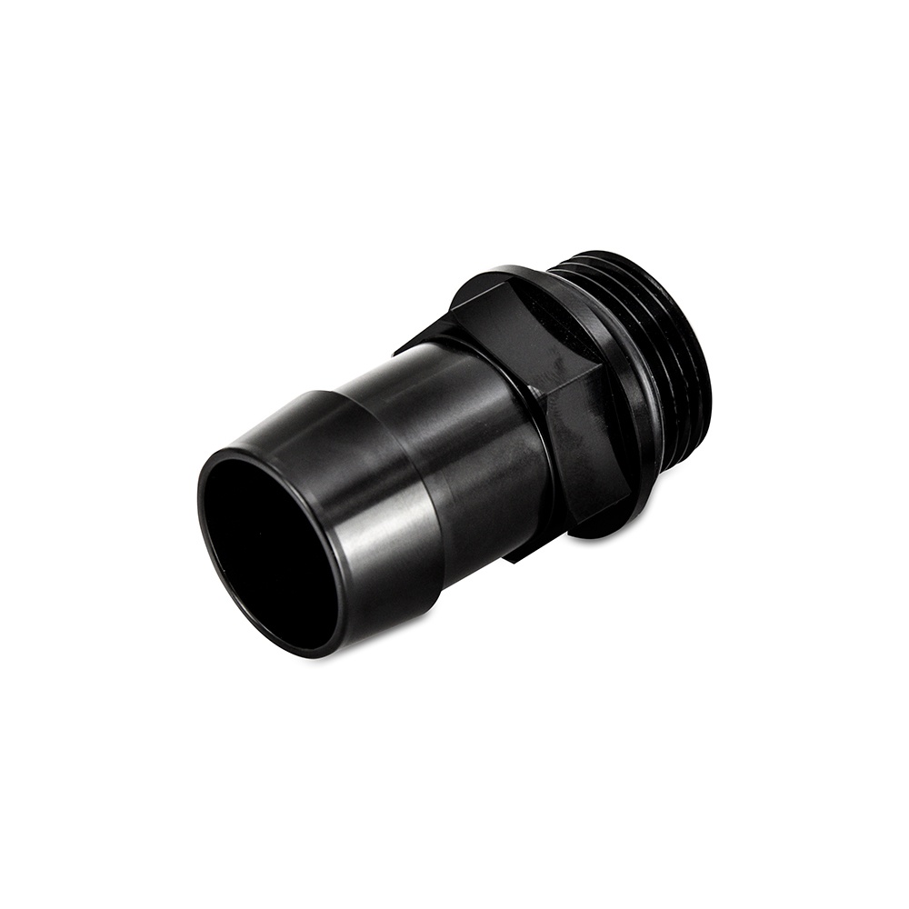 6061 aluminum Mishimoto Fabrication fitting adapting M27x2.0 thread to 1-in hose barb