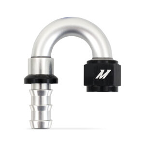 Mishimoto -10AN 180-degree push lock fitting MMFT-PL-10180 in silver and black anodized aluminum