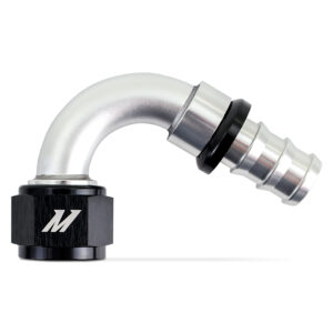 Mishimoto -12AN Push Lock Fitting MMFT-PL-12120 in 120-degree angle, silver and black anodized finish