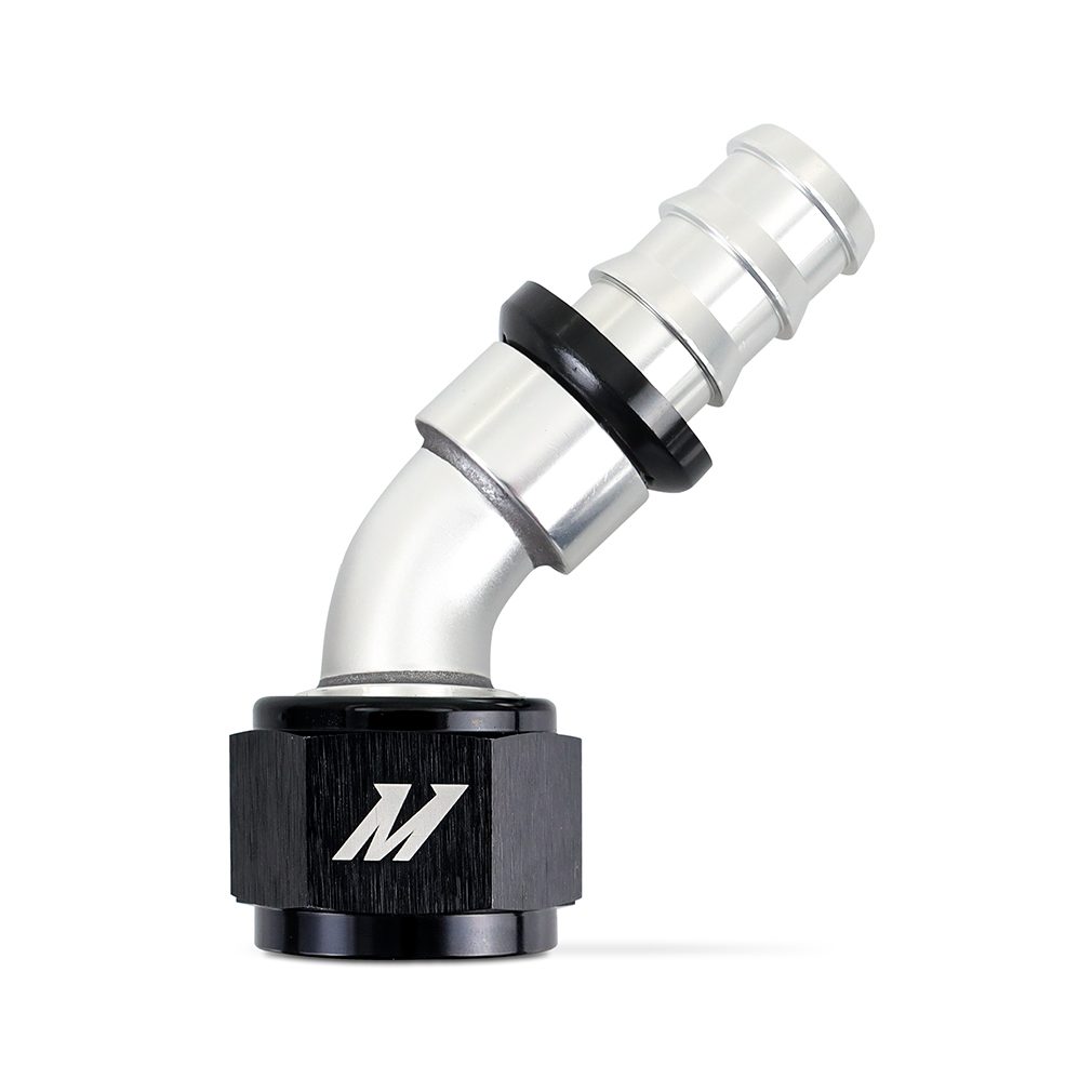 Mishimoto -12AN Push Lock Fitting, 45-degree, silver and black anodized aluminum, MMFT-PL-1245