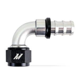 Mishimoto -12AN Push Lock Fitting MMFT-PL-1290 in silver and black anodized aluminum, 90-degree angle