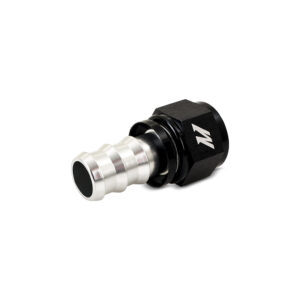 Mishimoto -12AN Push Lock Fitting MMFT-PL-12S in silver and black anodized aluminum, straight angle