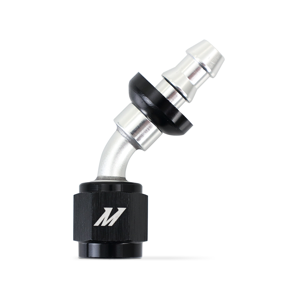 Mishimoto -4AN 45-degree push lock fitting MMFT-PL-445 in silver and black anodized aluminum