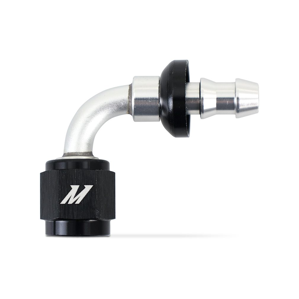 Mishimoto -4AN Push Lock Fitting MMFT-PL-490 in silver and black anodized aluminum, 90-degree angle