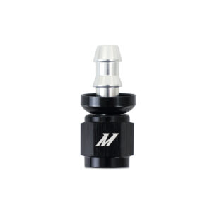 Mishimoto -4AN Push Lock Fitting MMFT-PL-4S in silver and black anodized aluminum, straight angle