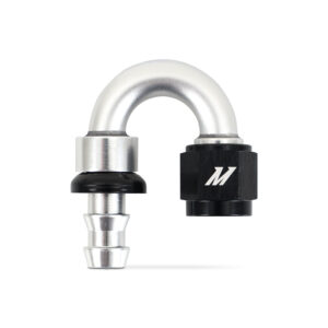 Mishimoto -6AN Push Lock Fitting, 180-degree, silver and black anodized aluminum, MMFT-PL-6180