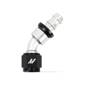 Mishimoto -6AN Push Lock Fitting in silver and black anodized aluminum, 45-degree angle, MMFT-PL-645