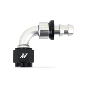 Mishimoto MMFT-PL-690 -6AN push lock fitting in silver and black anodized aluminum, 90-degree angle
