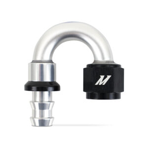 Mishimoto -8AN 180-Degree Push Lock Fitting MMFT-PL-8180 in silver and black anodized aluminum