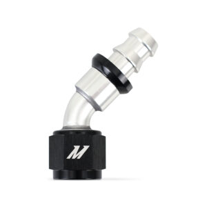 Mishimoto -8AN 45-degree Push Lock Fitting MMFT-PL-845 in silver and black anodized aluminum
