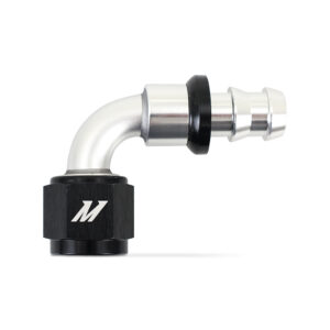 Mishimoto -8AN Push Lock Fitting MMFT-PL-890 in silver and black anodized aluminum, 90-degree angle