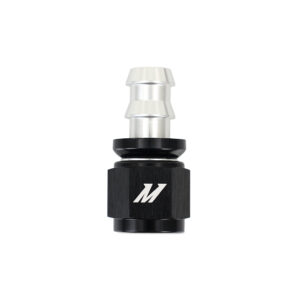Mishimoto -8AN Push Lock Fitting MMFT-PL-8S in silver and black anodized aluminum, straight angle