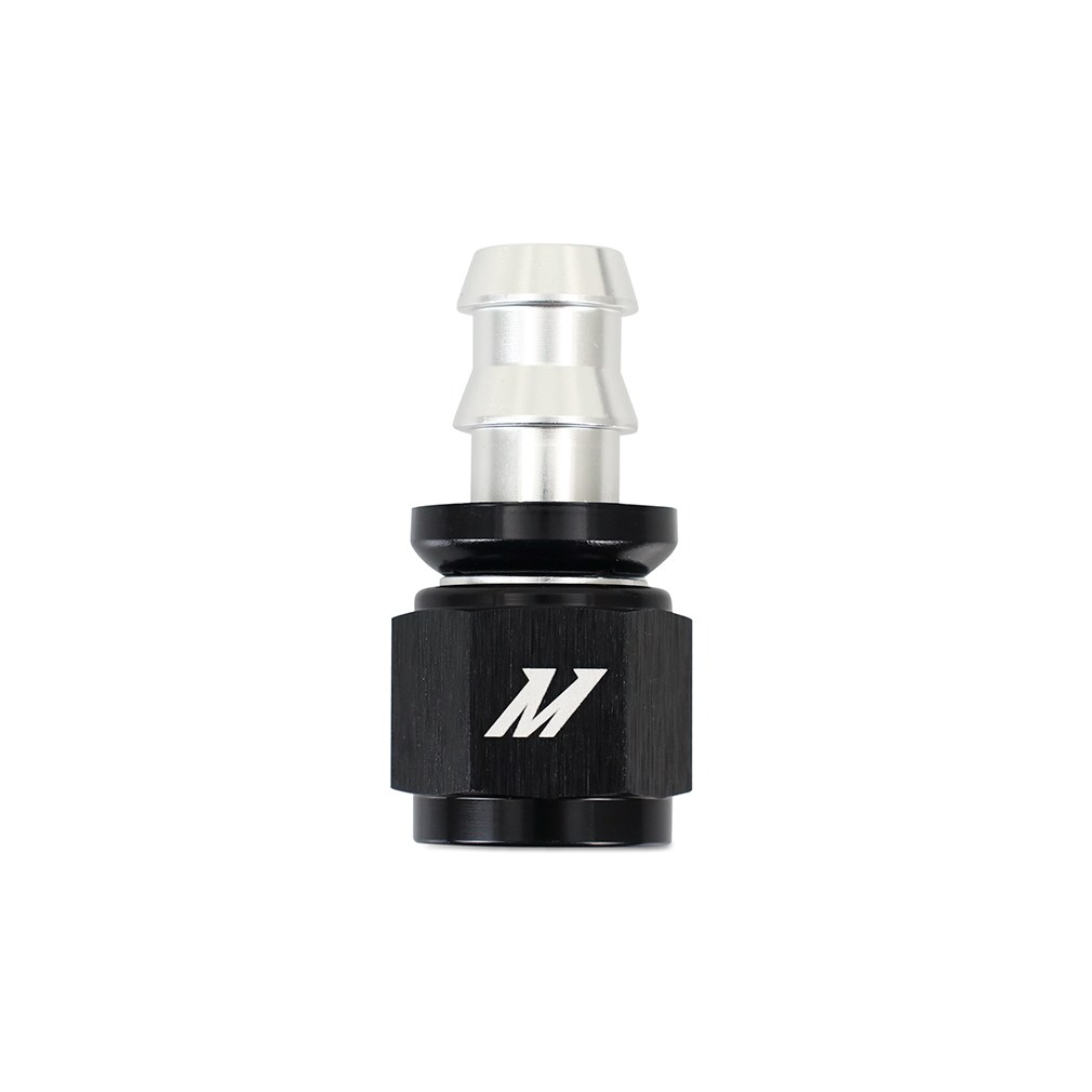 Mishimoto -8AN Push Lock Fitting MMFT-PL-8S in silver and black anodized aluminum, straight angle