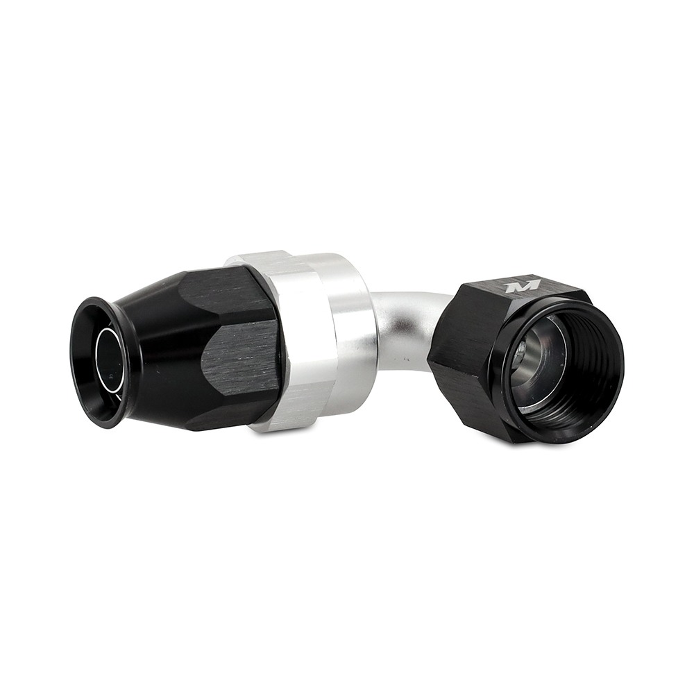 CNC-machined 6061 aluminum -6AN fitting with 360-degree swivel by Mishimoto