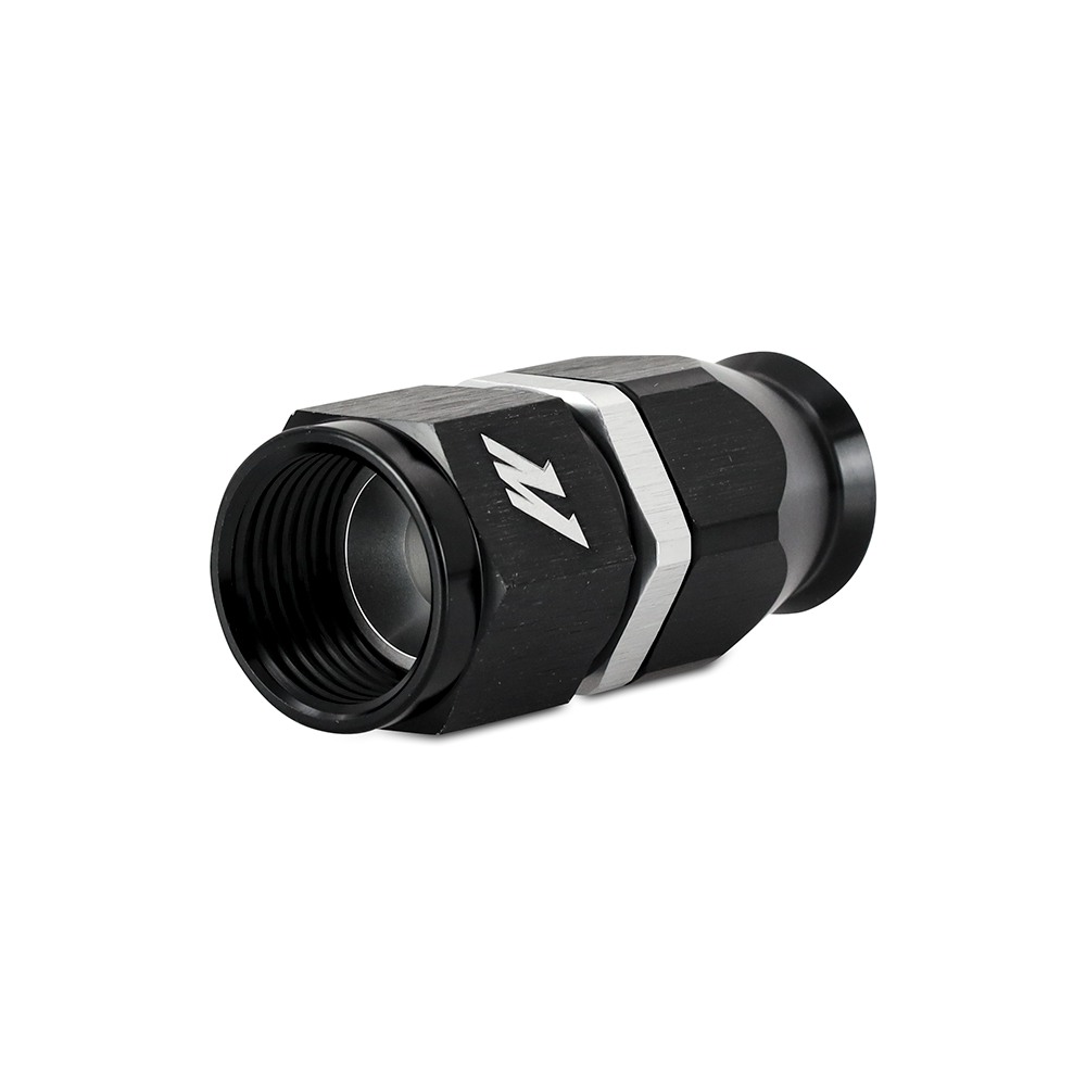 Close-up of CNC-machined 6061 aluminum -6AN fitting with 360-degree swivel