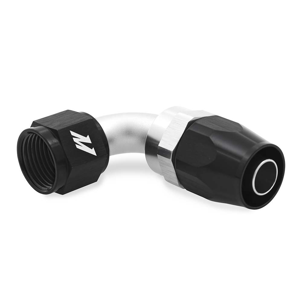 Close-up of Mishimoto -8AN aluminum line fitting showing CNC-machined 360-degree swivel end