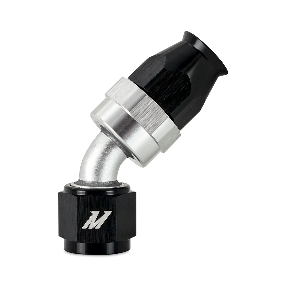 Mishimoto MMFT-SW-08P-45 -8AN 45-degree PTFE braided line fitting in black anodized aluminum