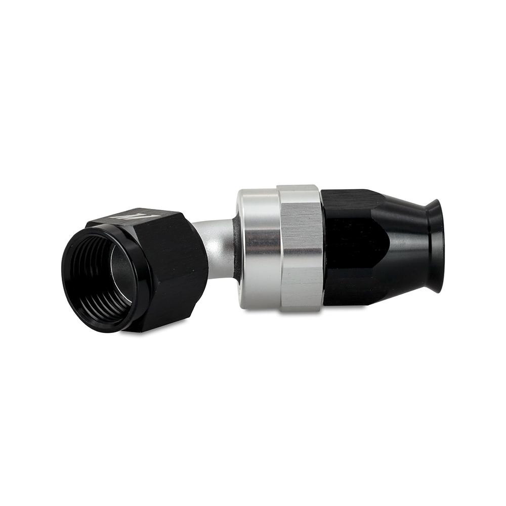 CNC-machined 6061 aluminum -8AN 45-degree fitting by Mishimoto with anodized finish