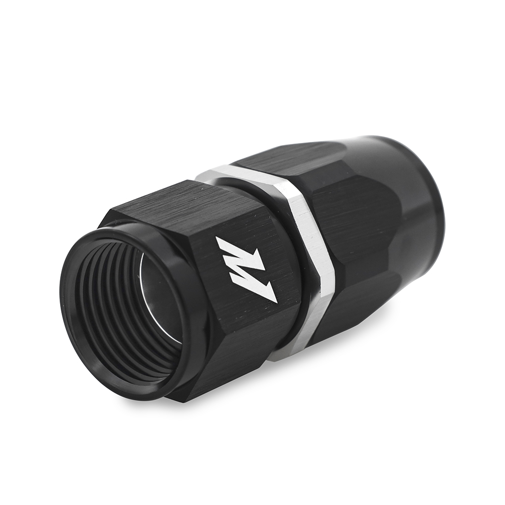 CNC-machined 6061 aluminum -10AN fitting from Mishimoto's Fabrication lineup with anodized finish