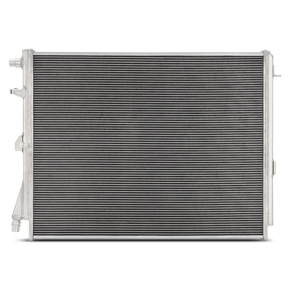 Dual-pass louvered fin core design of Mishimoto BMW G8X performance heat exchanger