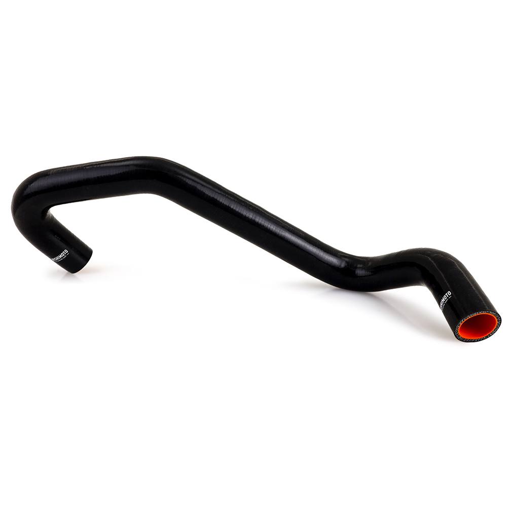 Mishimoto silicone upper reroute hose positioned behind the serpentine belt on a 7.3L Powerstroke